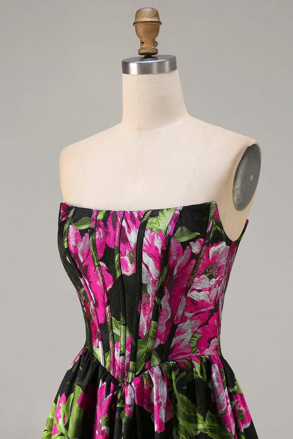 Black Strapless A-Line Corset Print Floral Maxi Prom Dress