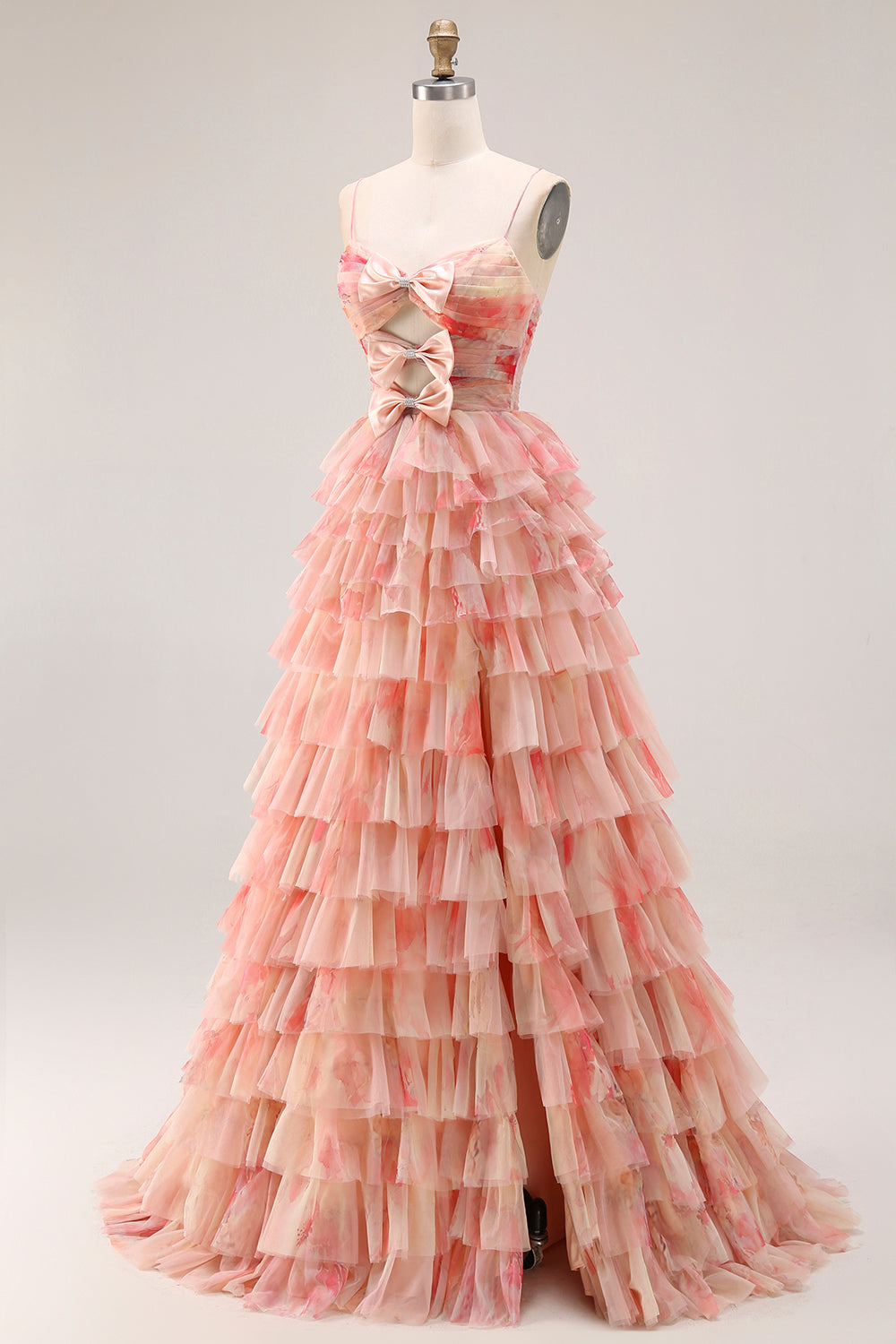 Tiered Spaghetti Straps Sunset Cut Out Prom Dress with Bows