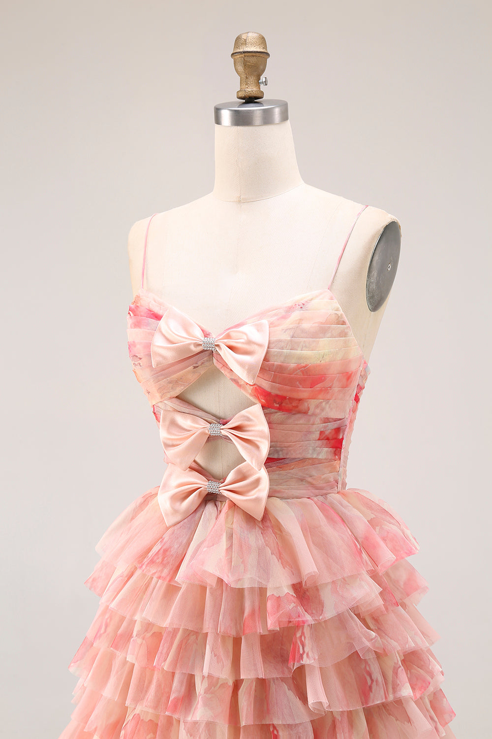 Tiered Spaghetti Straps Sunset Cut Out Prom Dress with Bows