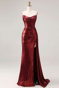 Metallic Burgundy Strapless Ruched Prom Dress