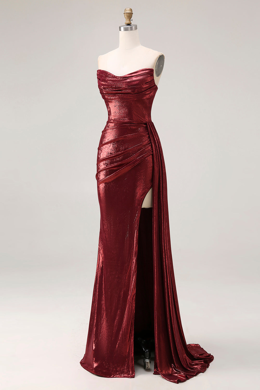 Metallic Burgundy Strapless Ruched Prom Dress