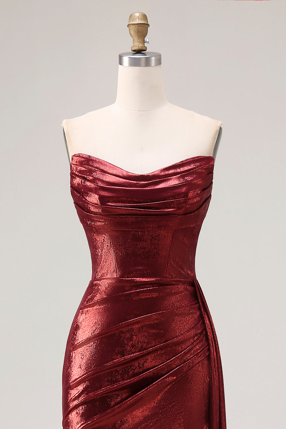 Metallic Burgundy Strapless Ruched Prom Dress