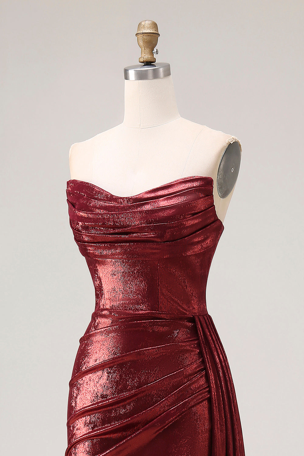 Metallic Burgundy Strapless Ruched Prom Dress