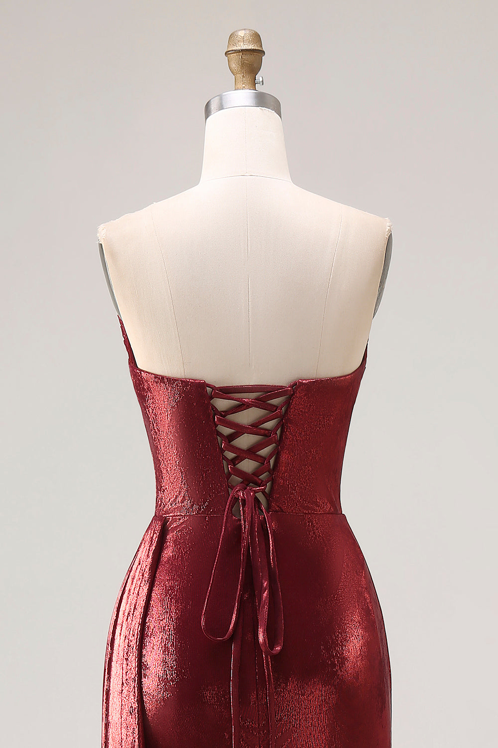 Metallic Burgundy Strapless Ruched Prom Dress