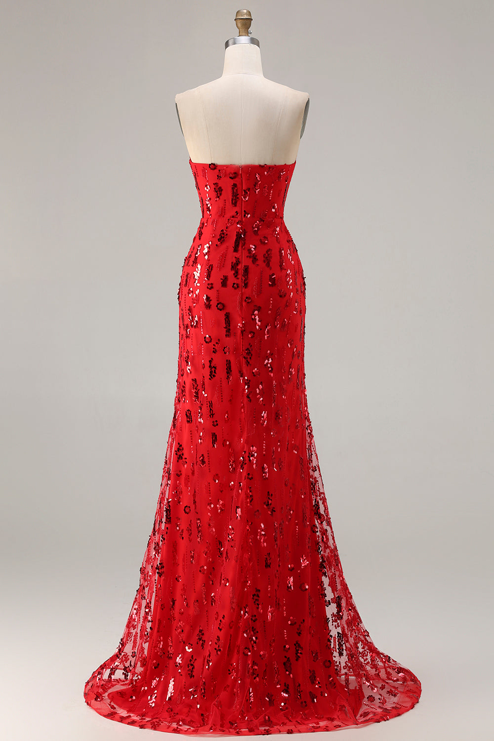 Sparkly Red Mermaid Strapless Maxi Prom Dress With Slit