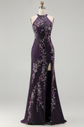 Glitter Grape Halter Beaded Mermaid Prom Dress With Slit