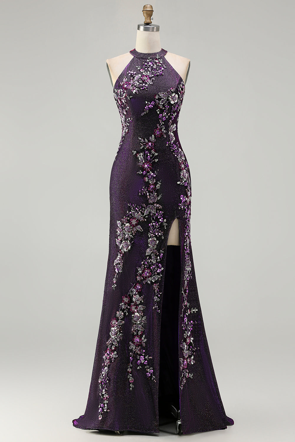 Glitter Grape Halter Beaded Mermaid Prom Dress With Slit