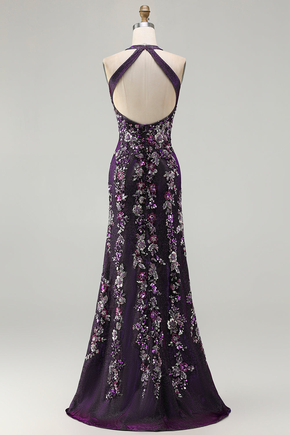 Glitter Grape Halter Beaded Mermaid Appliqued Prom Dress