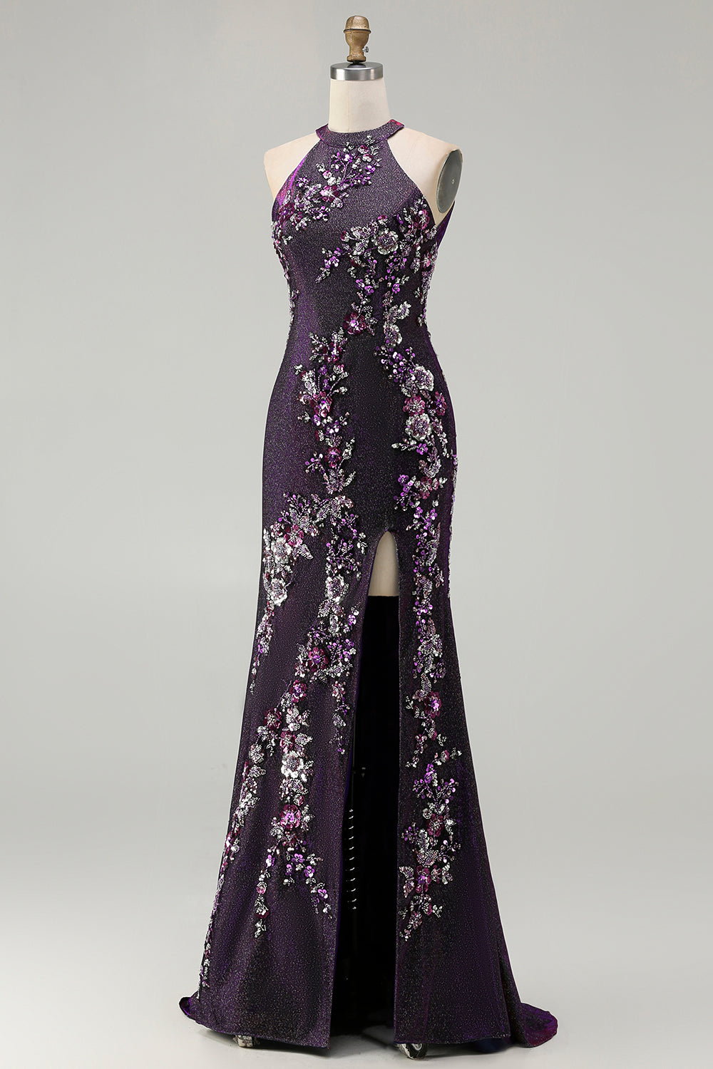 Glitter Grape Halter Beaded Mermaid Prom Dress With Slit