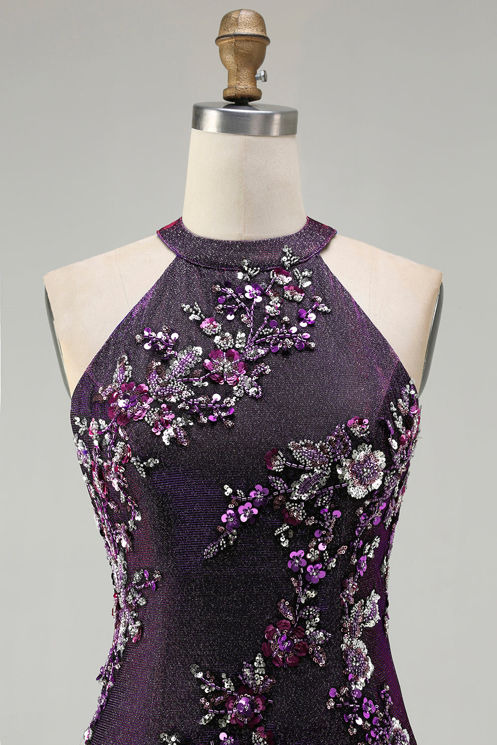 Glitter Grape Halter Beaded Mermaid Prom Dress With Slit