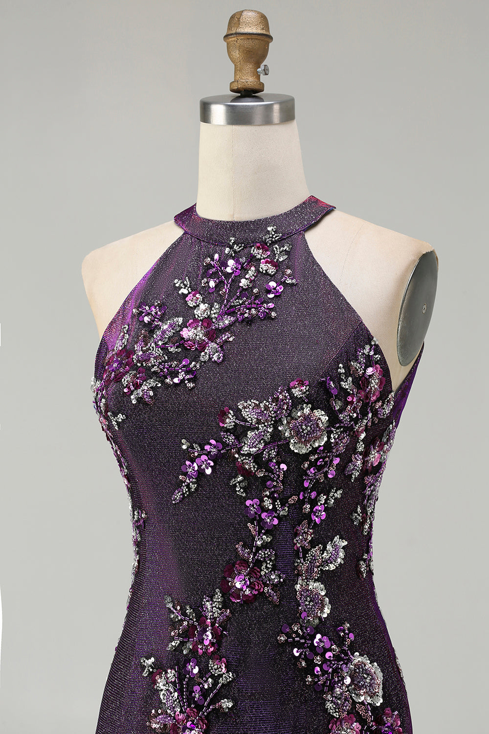 Glitter Grape Halter Beaded Mermaid Prom Dress With Slit