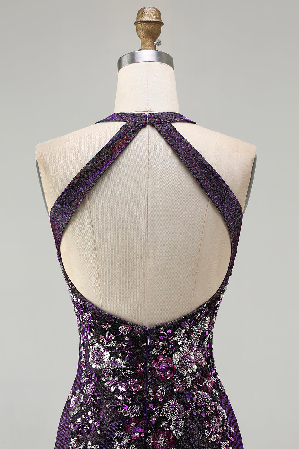 Glitter Grape Halter Beaded Mermaid Prom Dress With Slit