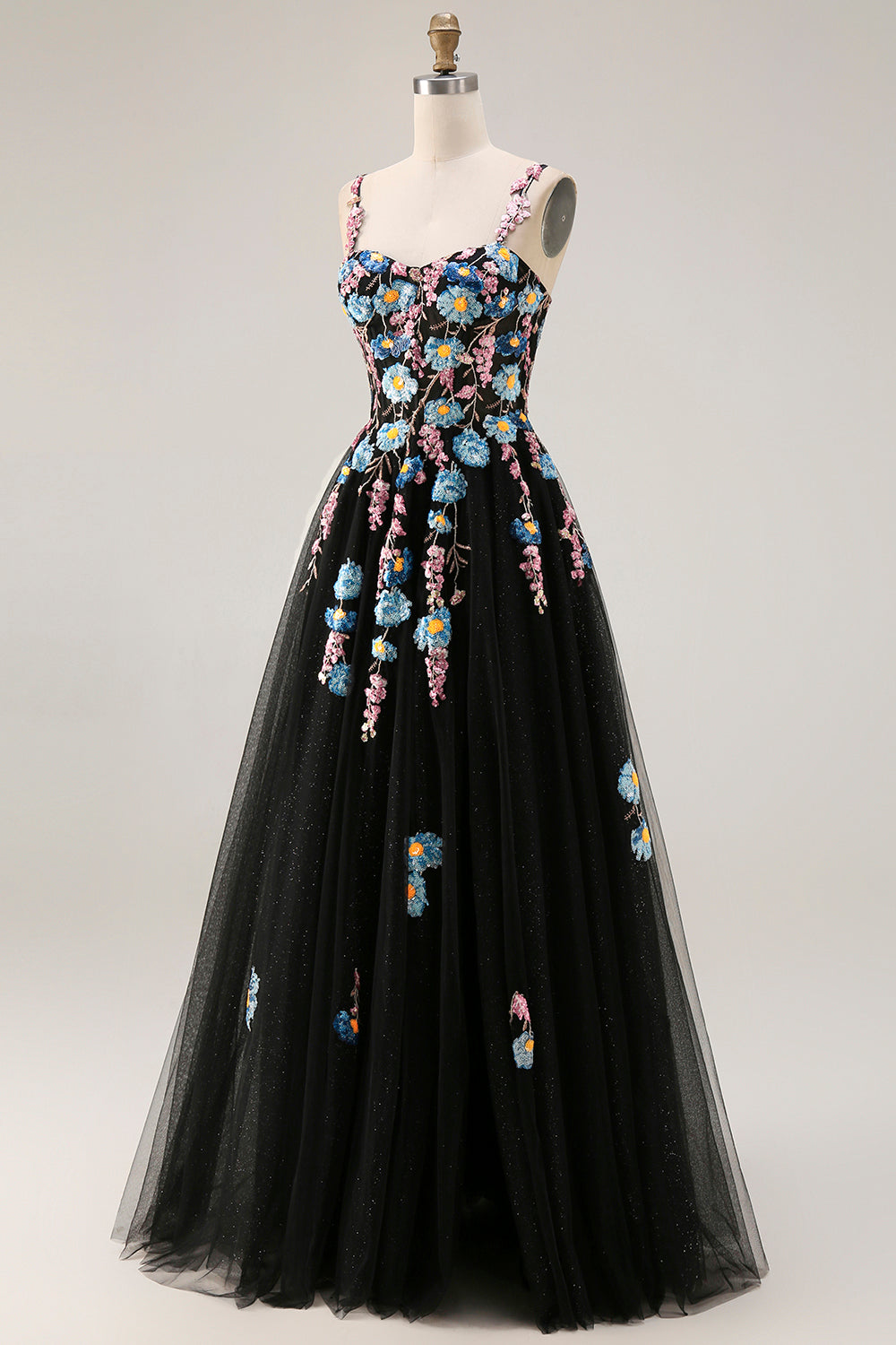 Black A-Line Sequin Spaghetti Straps Tulle Prom Dress With Slit
