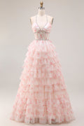 Halter Tiered Beaded Candy Pink Corset Prom Dress