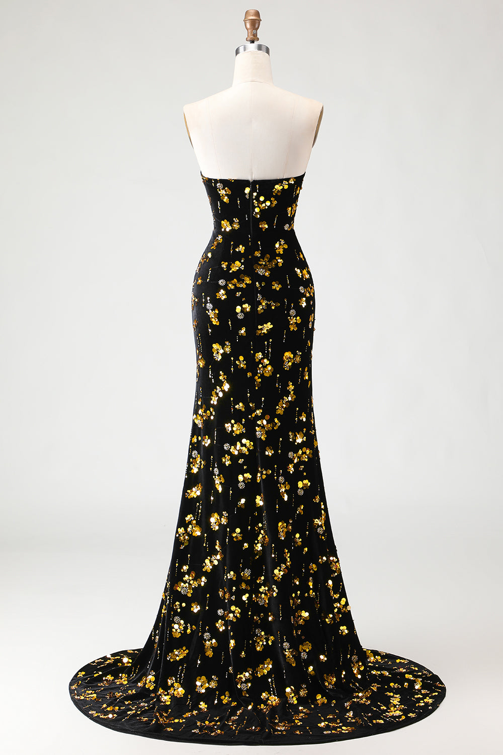 Black Golden Sequin Mermaid Strapless Prom Dress With Slit