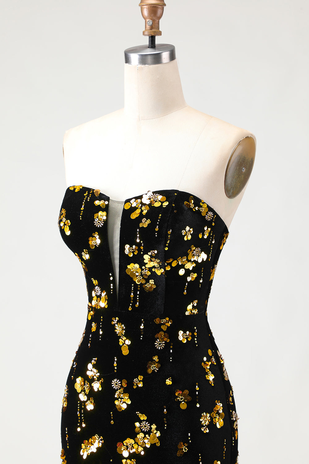 Black Golden Sequin Mermaid Strapless Prom Dress With Slit
