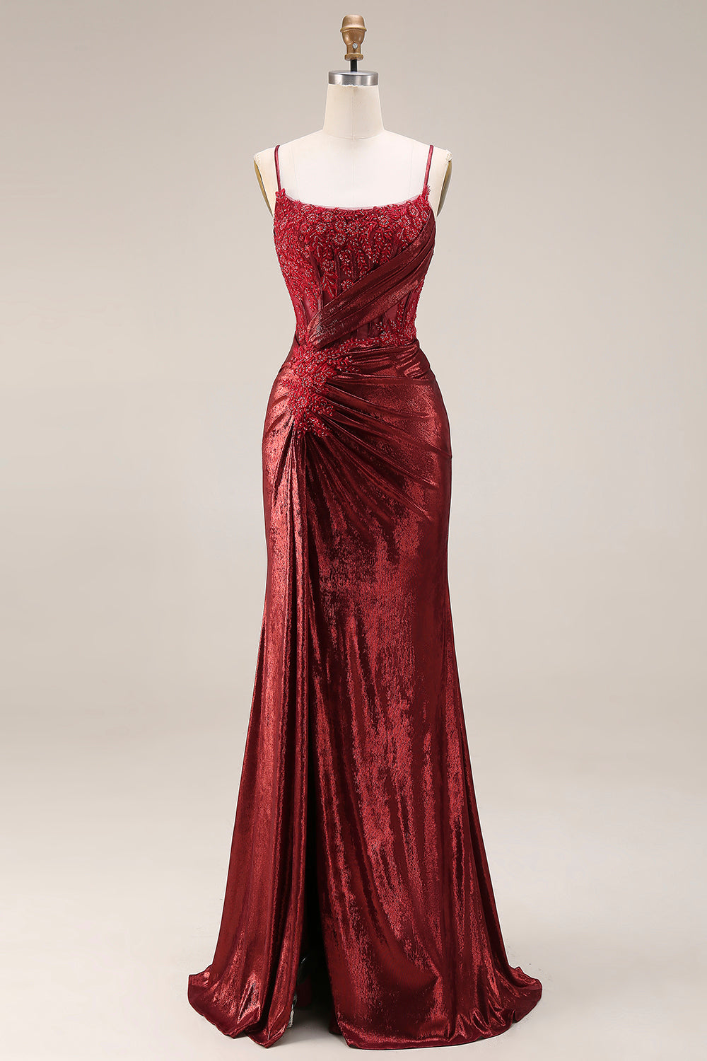 Dark Red Appliqued Corset Mermaid Ruched Prom Dress