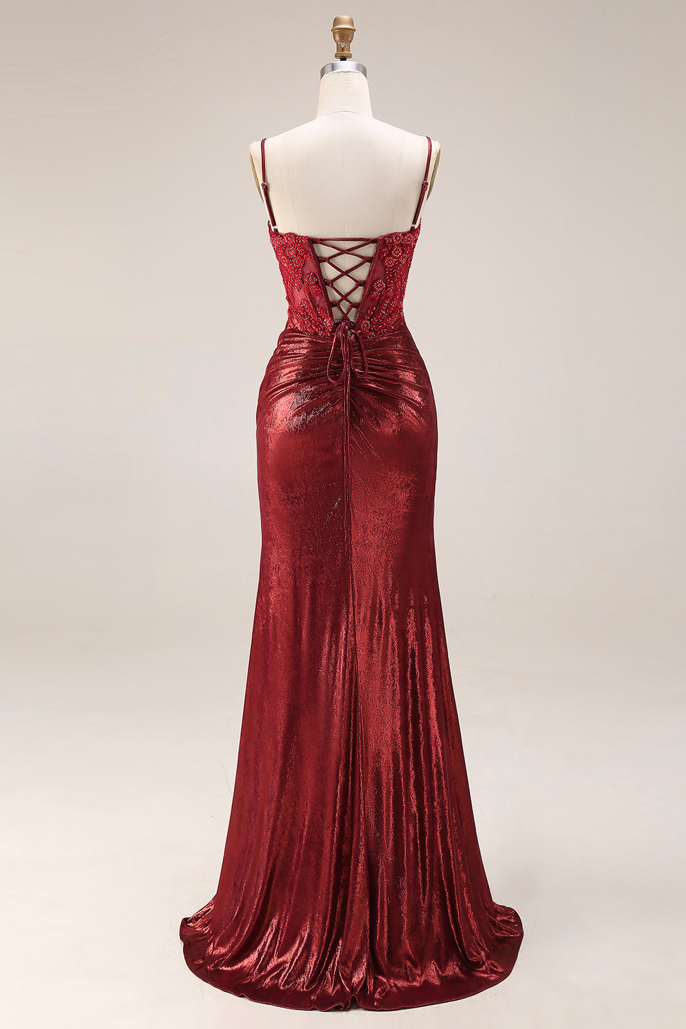 Dark Red Appliqued Corset Mermaid Ruched Prom Dress