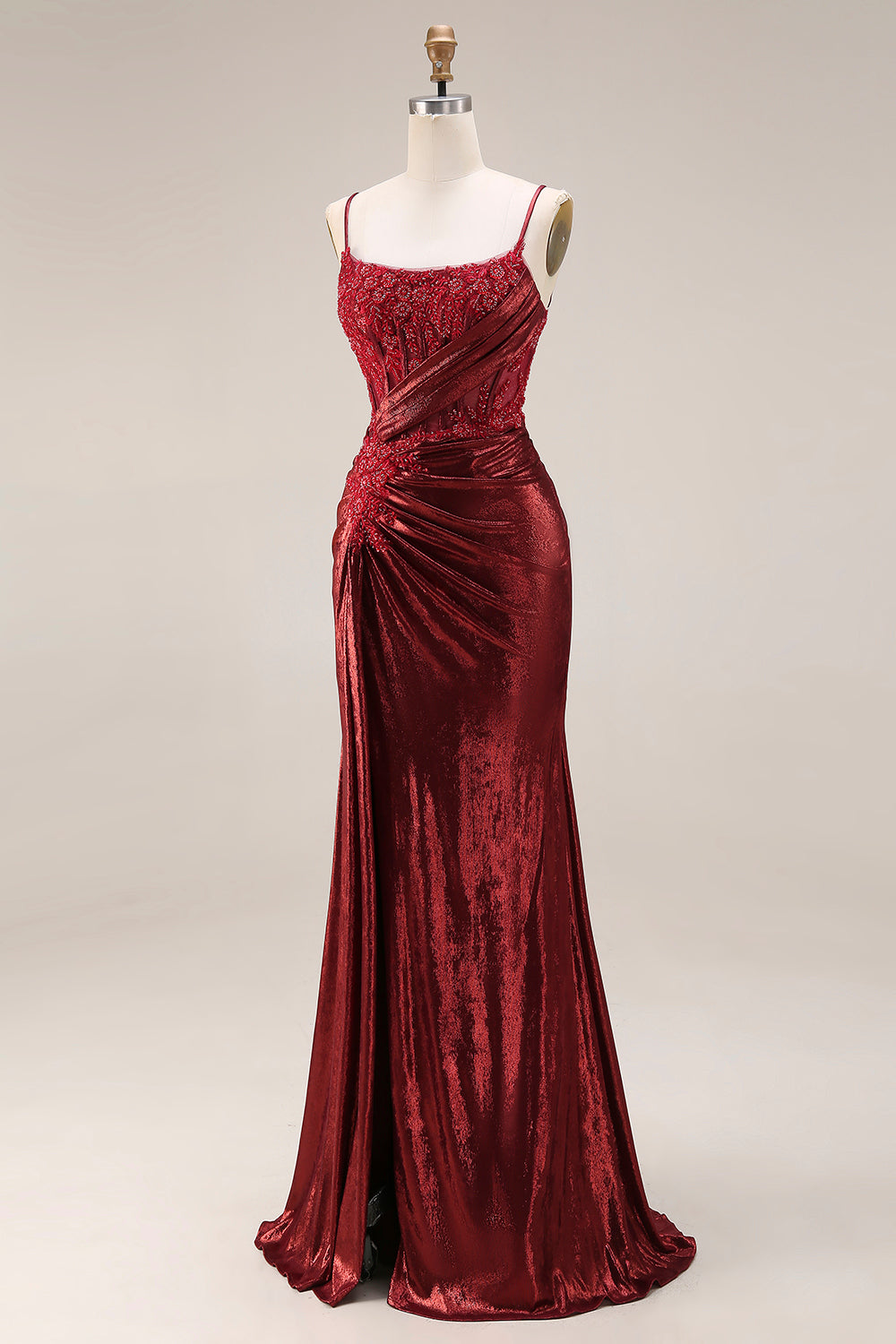 Dark Red Appliqued Corset Mermaid Ruched Prom Dress