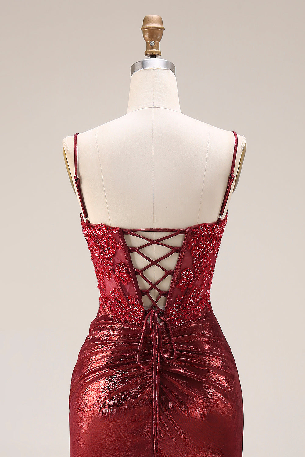 Dark Red Appliqued Corset Mermaid Ruched Prom Dress