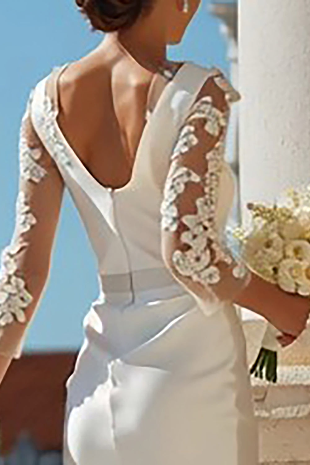 Ivory Satin Sheath Appliqued Midi Engagement Dress With 3/4 Sleeves