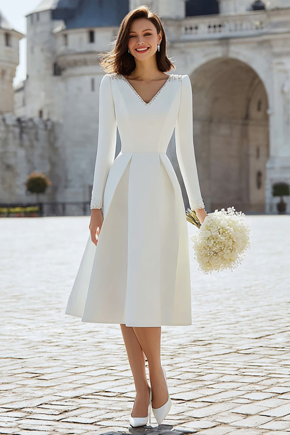 Simple A-Line Ivory Satin V-Neck Bridal Shower Dress