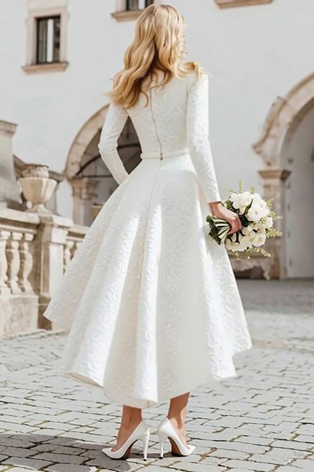 Ivory A-Line Jacquard High-Low Wedding Dress With Long Sleeves