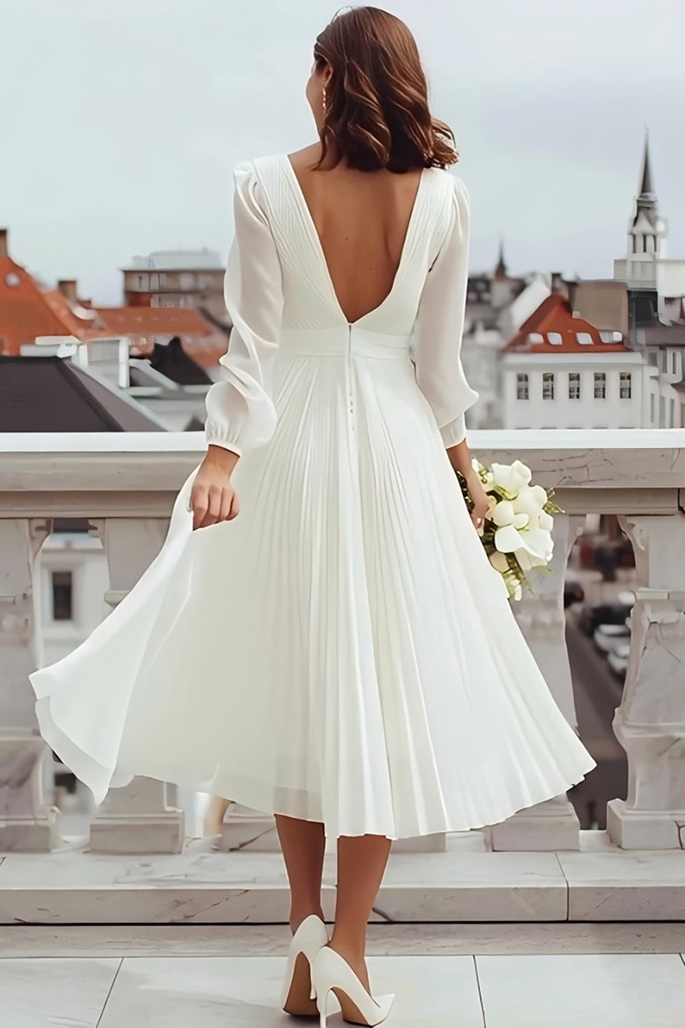 Ivory A-Line Pleated V-Neck Rehearsal Dinner Dress With Slit