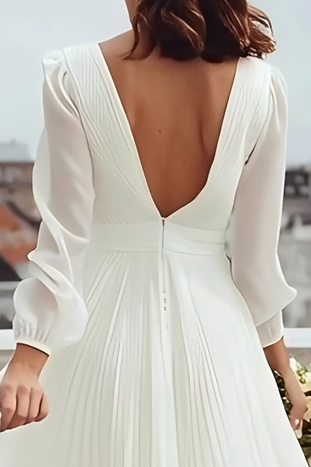 Ivory A-Line Pleated V-Neck Rehearsal Dinner Dress With Slit