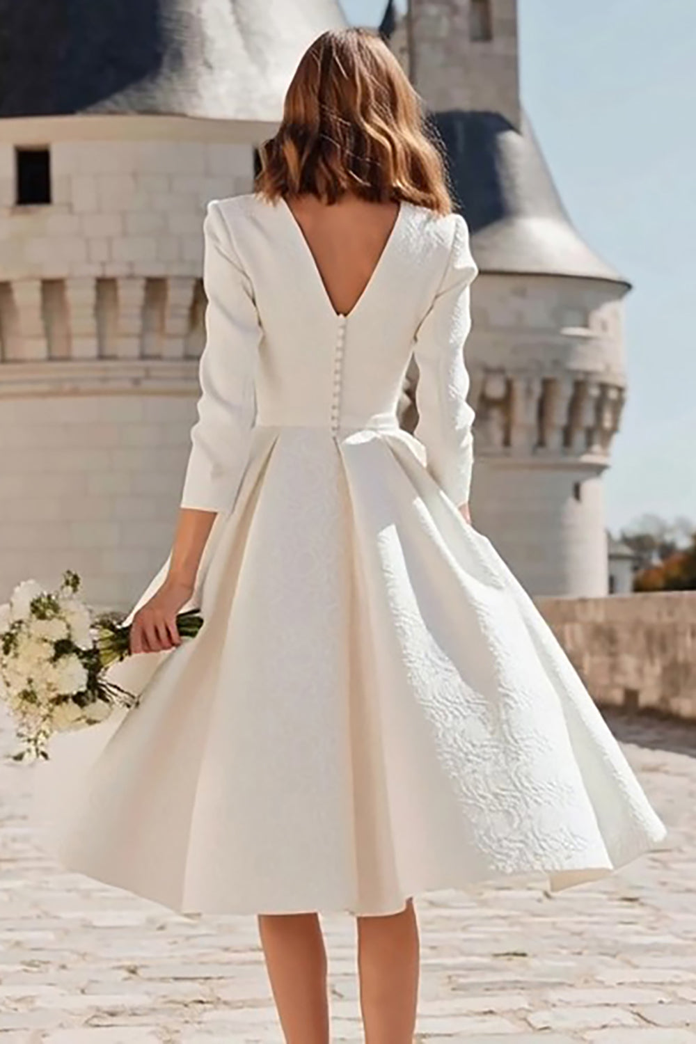 Ivory A-Line V-Neck Jacquard Midi Bridal Shower Dress