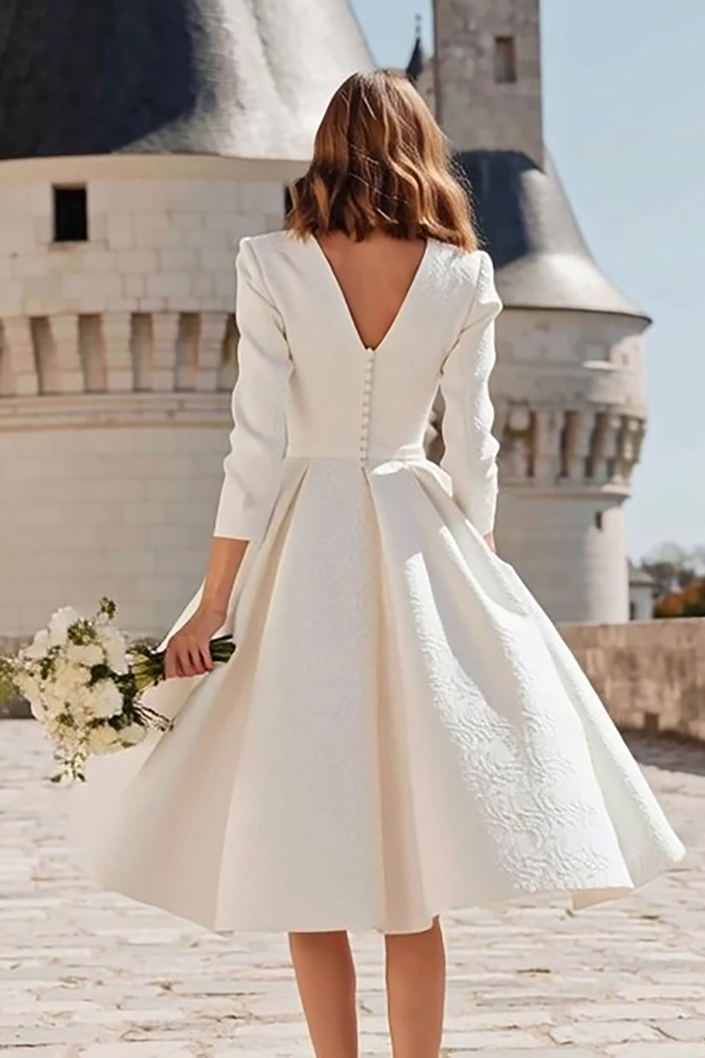 Ivory V-Neck Jacquard A-Line Midi Engagement Dress