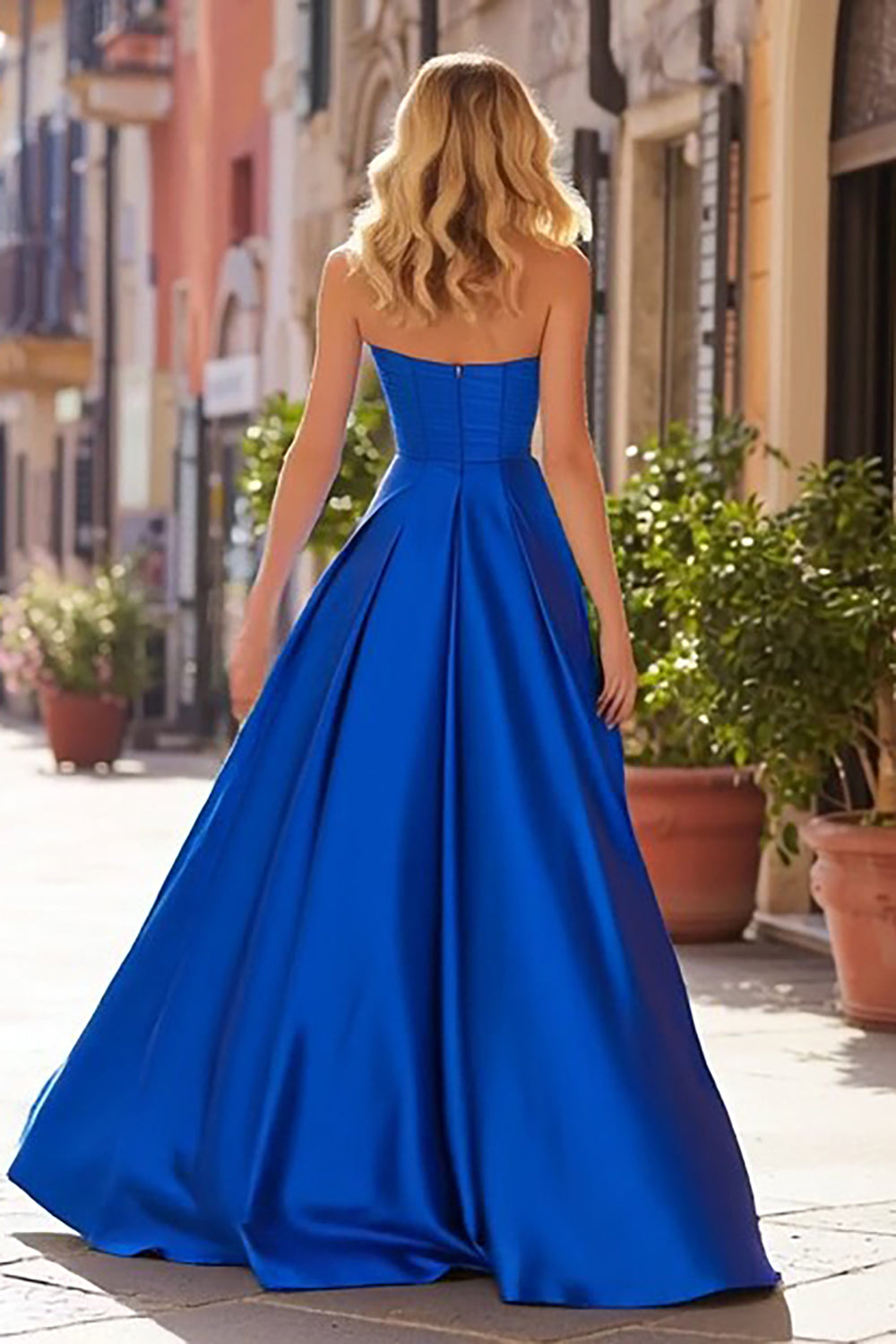 Sweetheart Royal Blue Satin A-Line Prom Dress With Slit