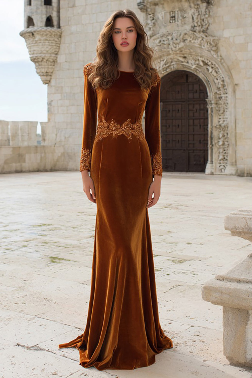 Mermaid Caramel Velvet Appliqued Long Sleeve Holiday Dress