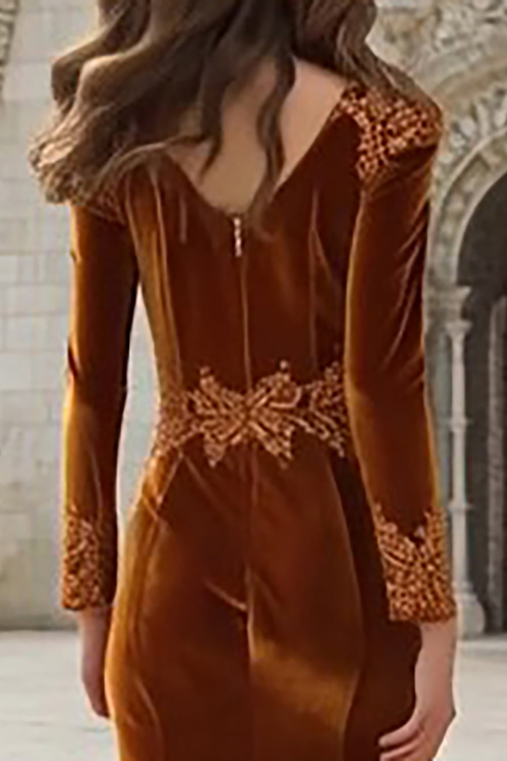 Mermaid Caramel Velvet Appliqued Long Sleeve Holiday Dress