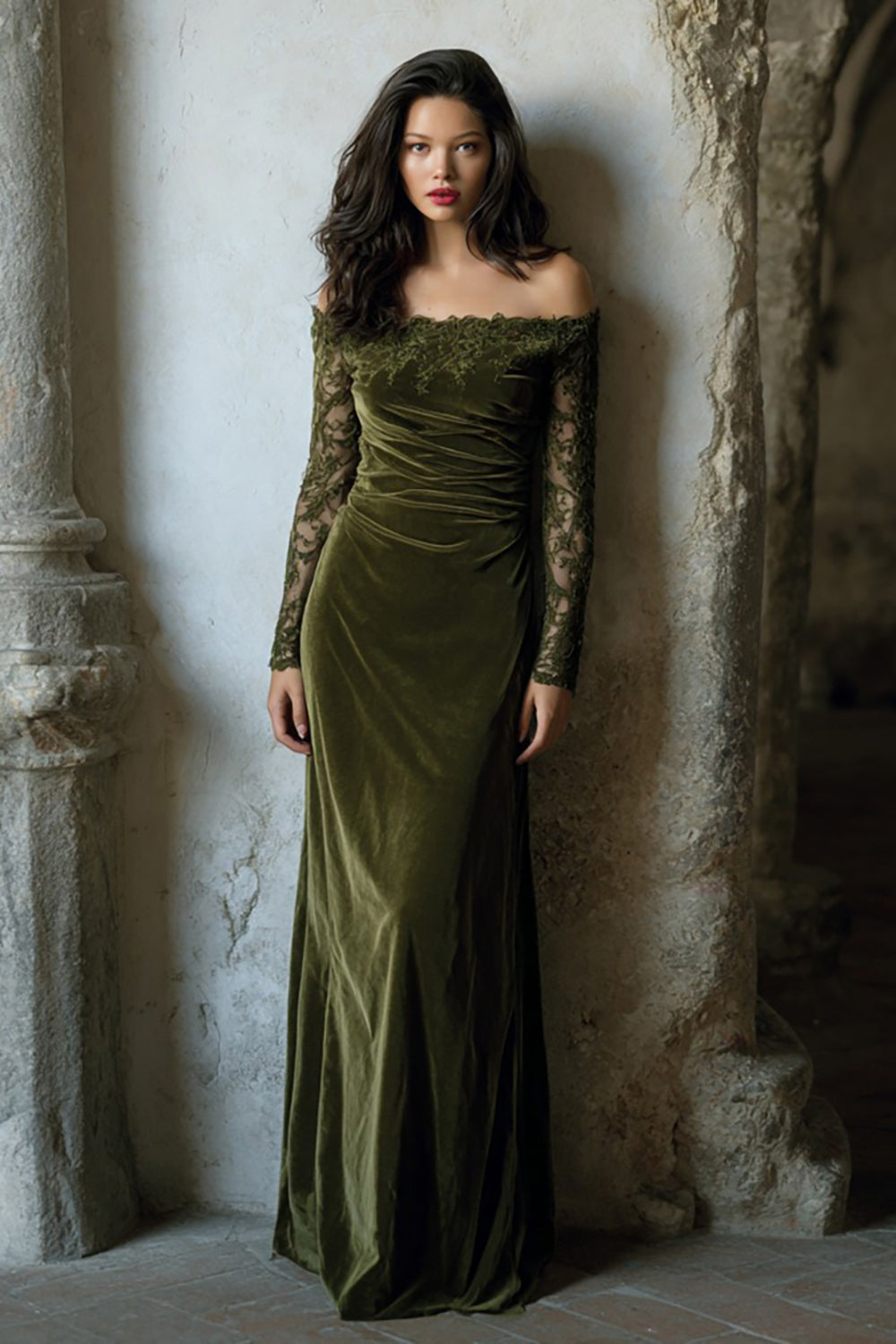 Off The Shoulder Olive Velvet Sheath Holiday Dress With Lace Appliques