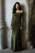 Off The Shoulder Olive Velvet Sheath Holiday Dress With Lace Appliques