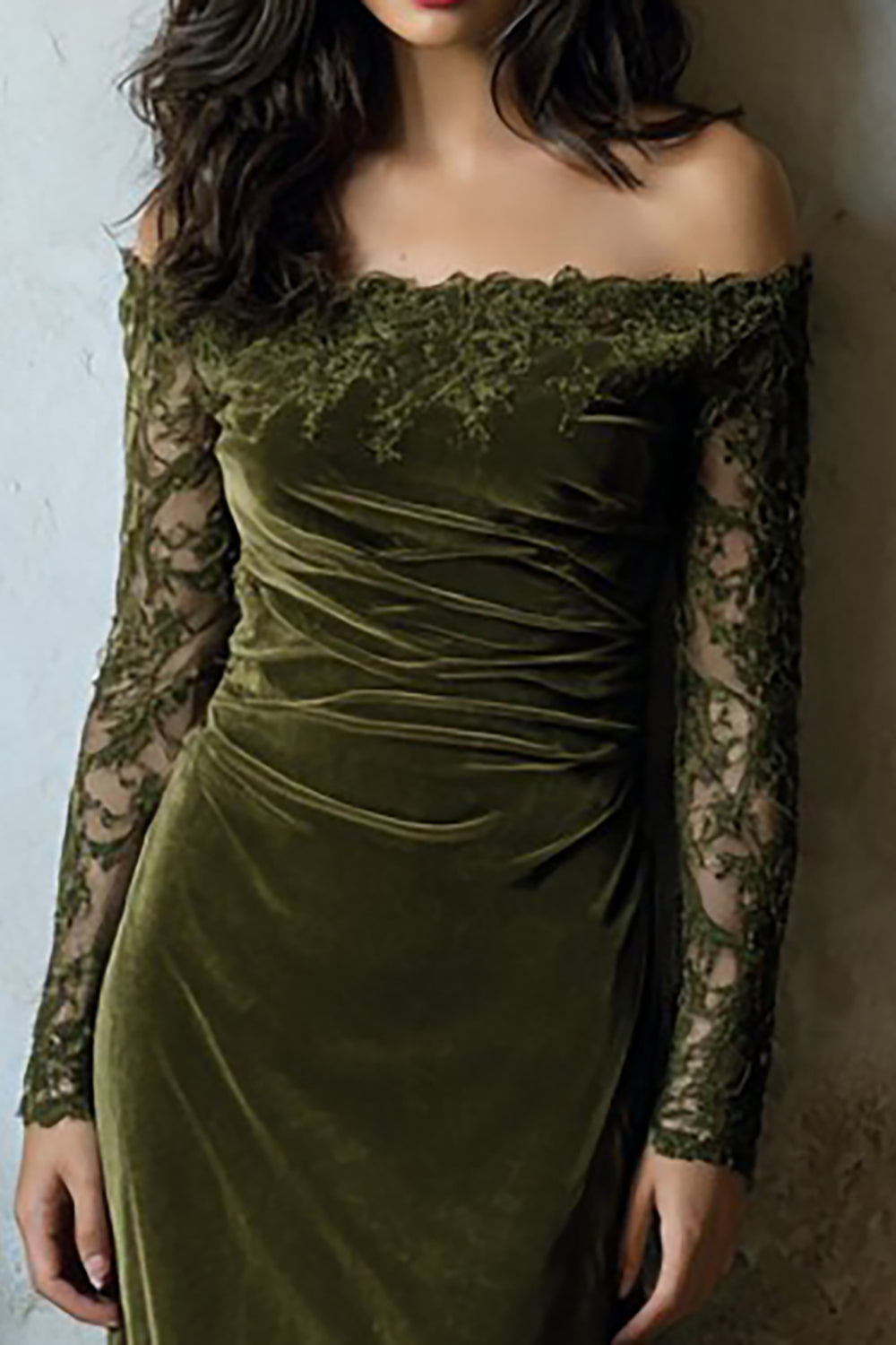 Off The Shoulder Olive Velvet Sheath Holiday Dress With Lace Appliques