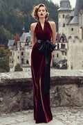 Burgundy Halter Sheath Velvet Holiday Dress With Slit