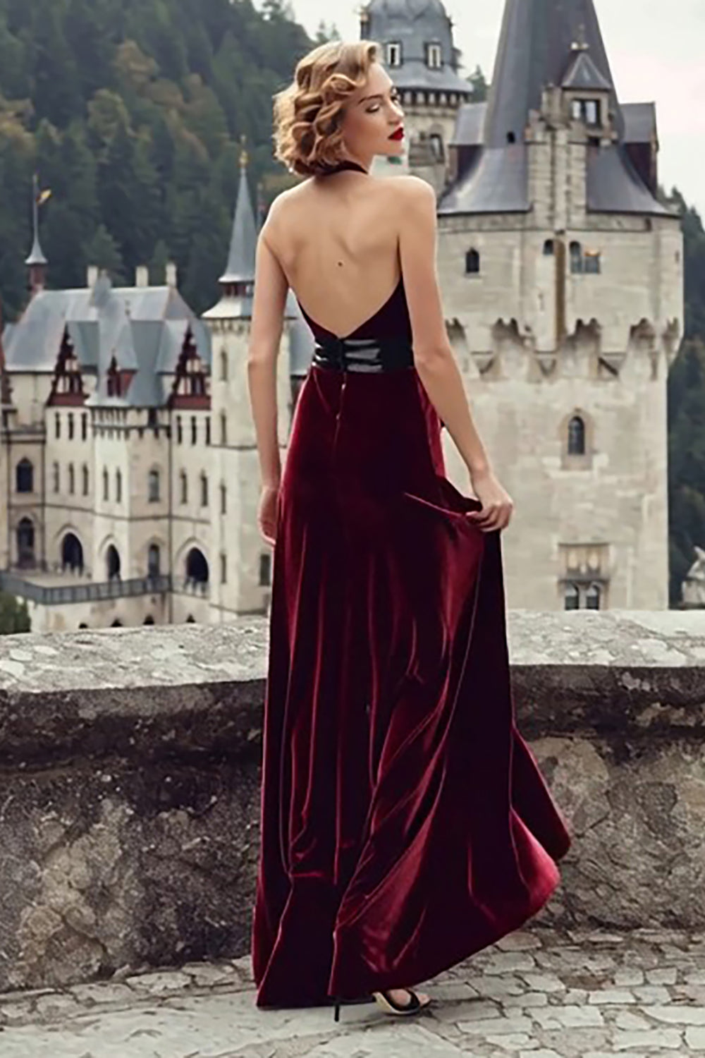 Burgundy Halter Sheath Velvet Holiday Dress With Slit