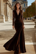 Mermaid Velvet Brown V-Neck Formal Dress With Long Sleeves