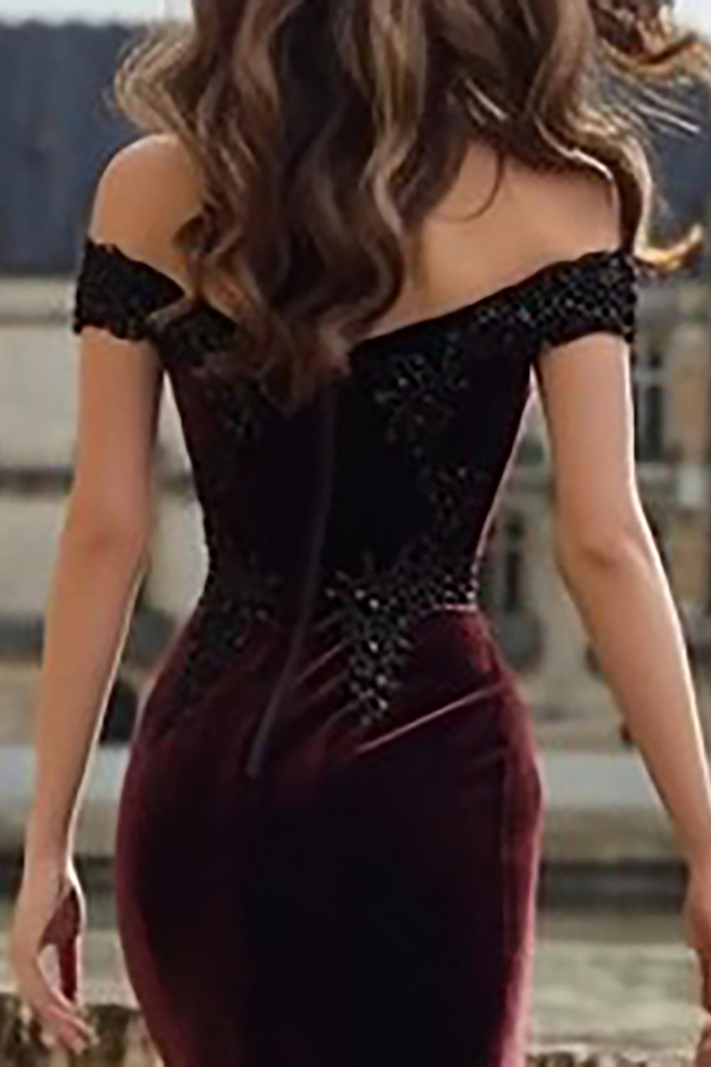 Off The Shoulder Burgundy Velvet Mermaid Maxi Holiday Dress With Slit