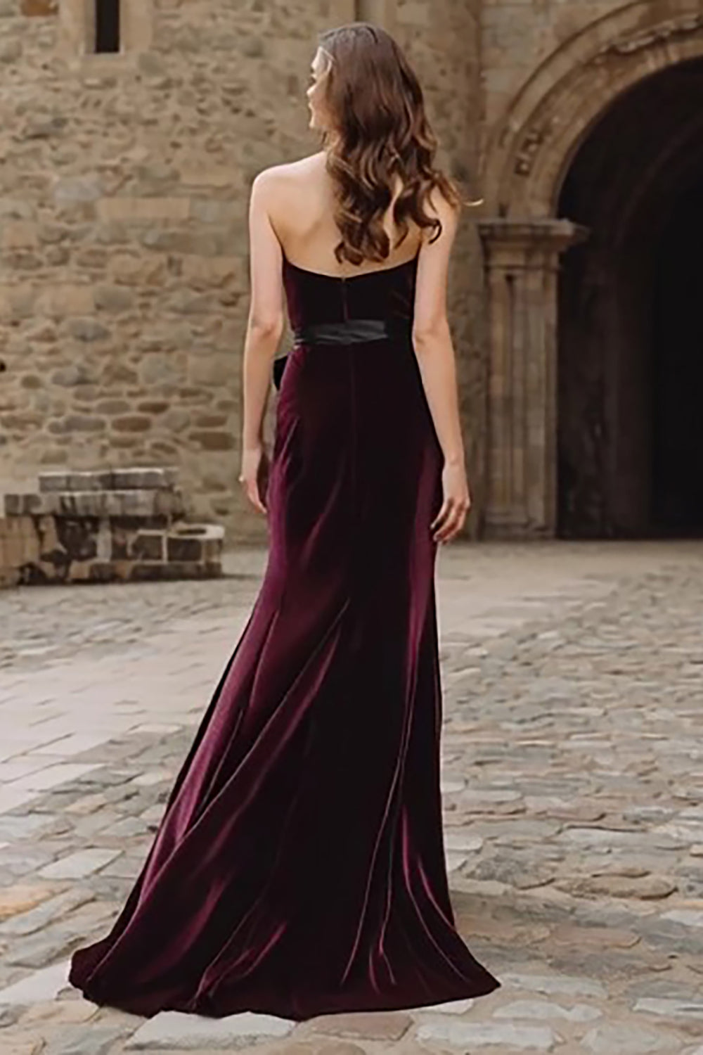 Burgundy Sweetheart Velvet Mermaid Maxi Holiday Dress With Slit