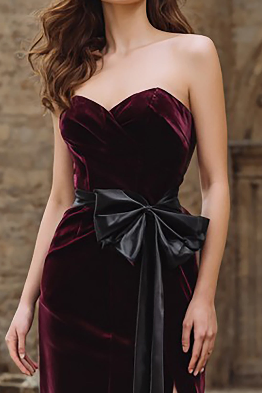 Burgundy Sweetheart Velvet Mermaid Maxi Holiday Dress With Slit