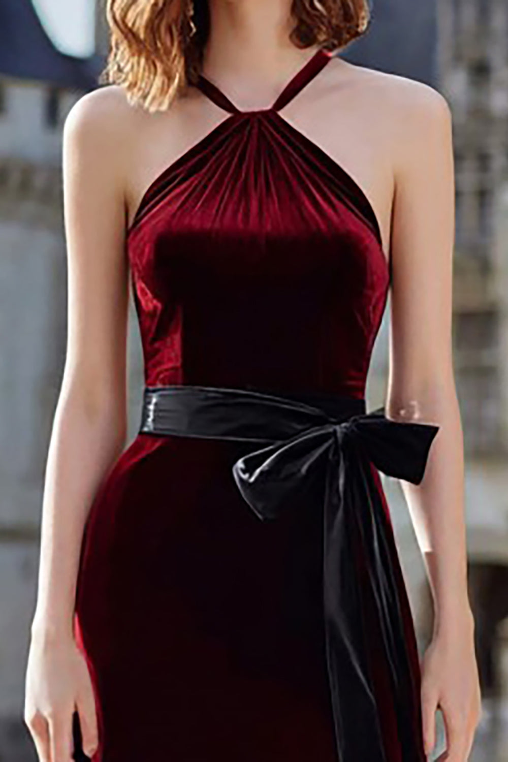 Burgundy Velvet Halter Maxi Holiday Dress With Slit