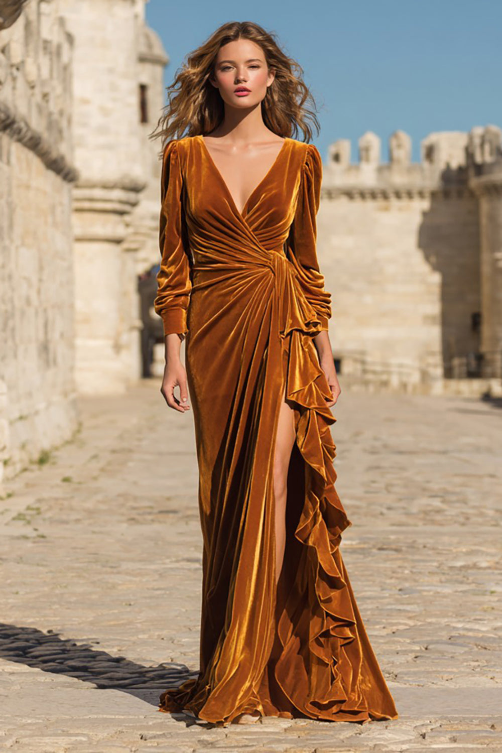 Caramel Ruffled Velvet Sheath Maxi Holiday Dress With Slit