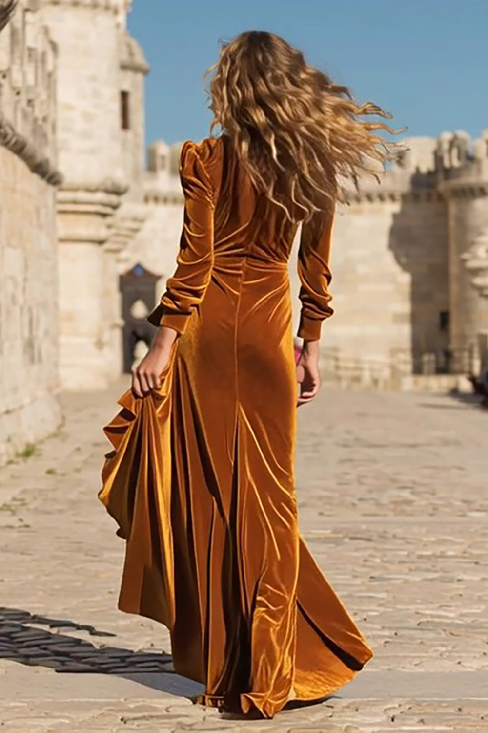 Caramel Ruffled Velvet Sheath Maxi Holiday Dress With Slit