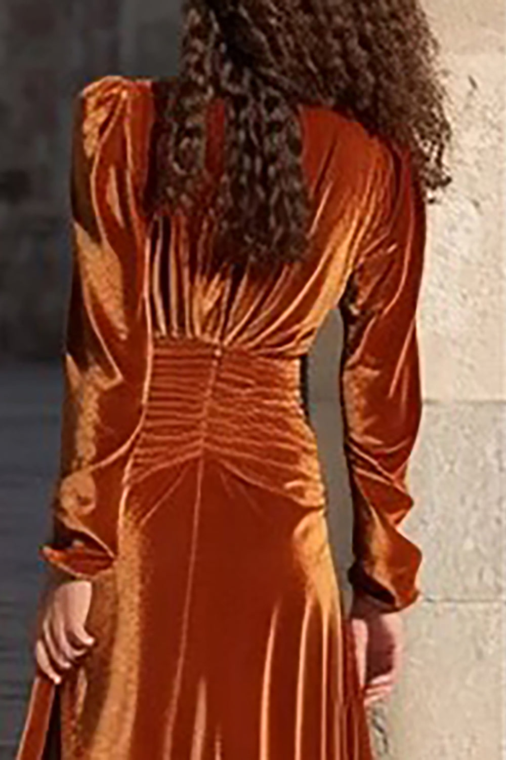 Caramel Velvet Ruched V-Neck Maxi Formal Dress With Slit