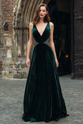 Dark Green Velvet A-Line V-Neck Maxi Holiday Dress with Beading