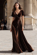 Brown A-Line Velvet V-Neck Maxi Holiday Dress With Slit