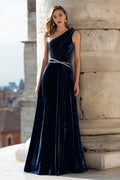 Navy One Shoulder Velvet A-Line Maxi Formal Dress With Beading